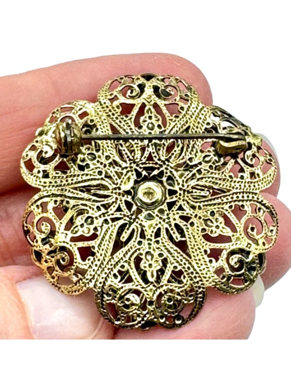Vintage Filigree Floral Brooch w/ Prong Set Blue Glass Gold Tone Stacked 1.5" - Picture 4 of 8